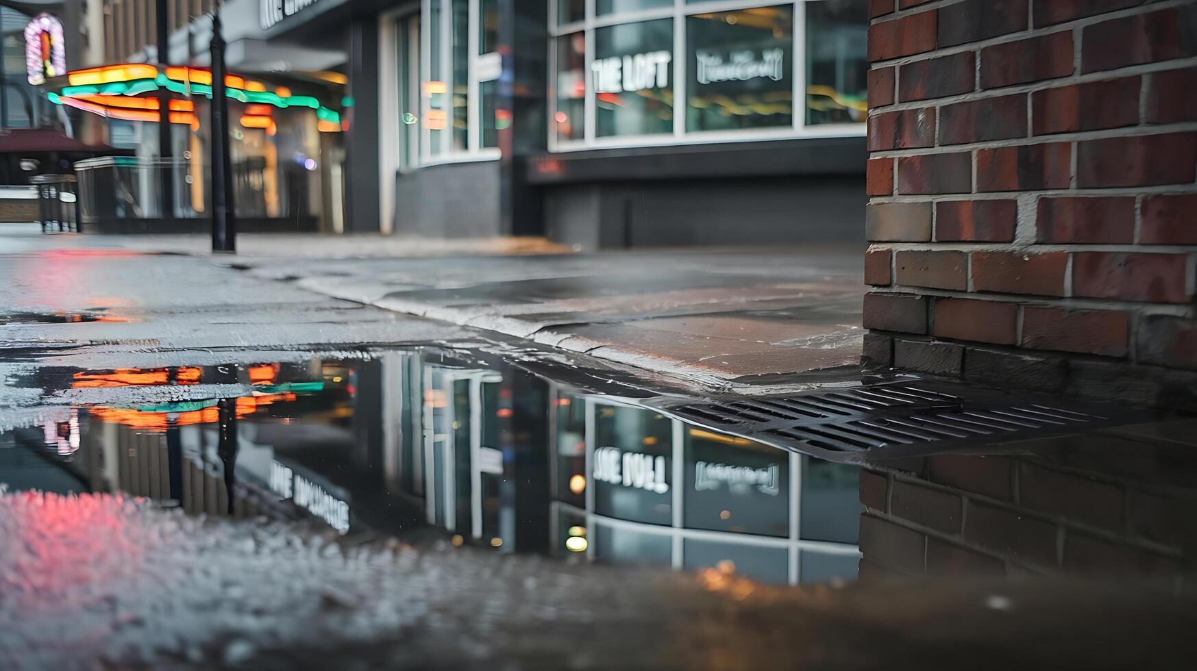 A puddle of water on the sidewalk in front of a building photo
