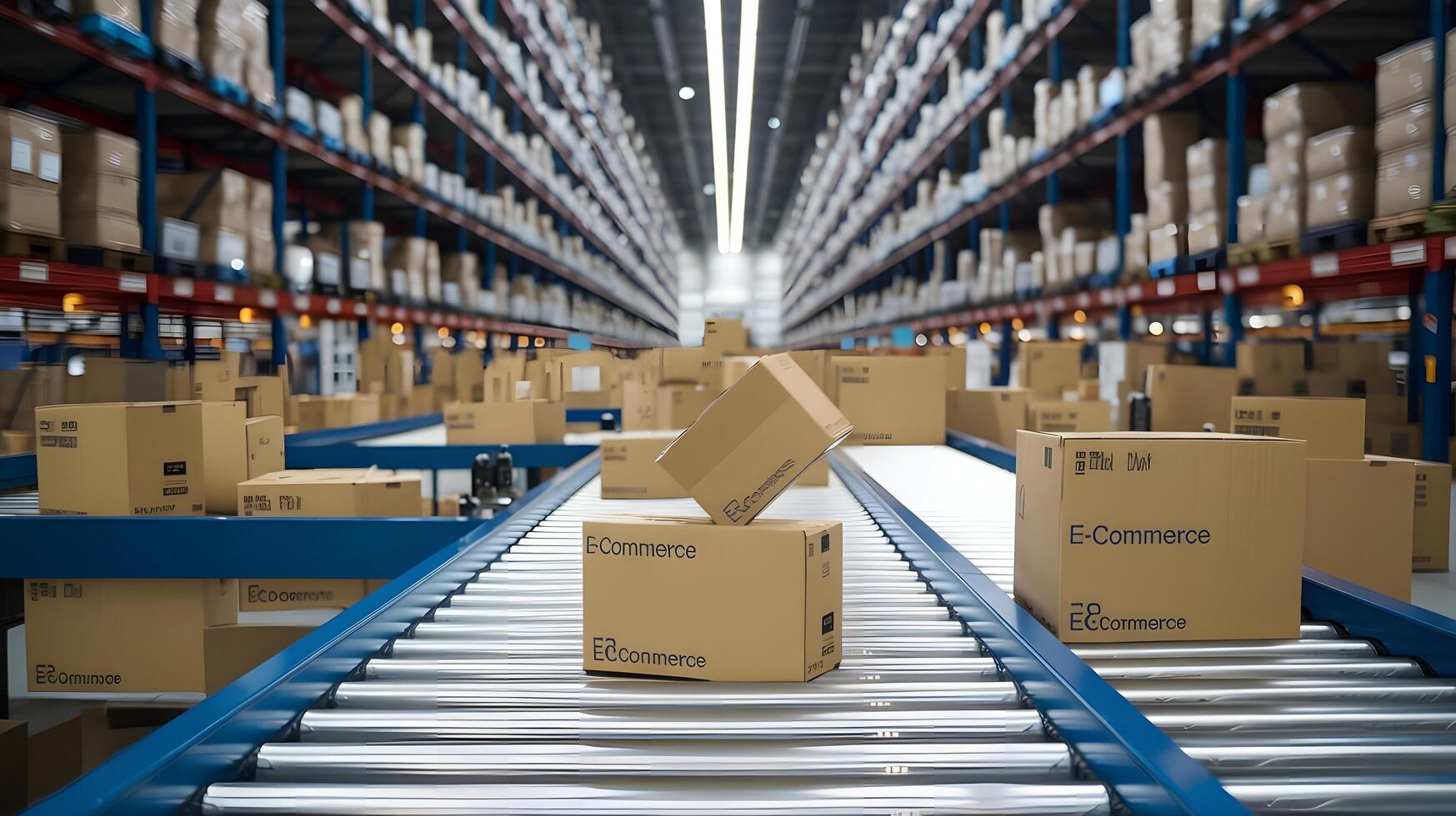 A warehouse with boxes on a conveyor belt photo