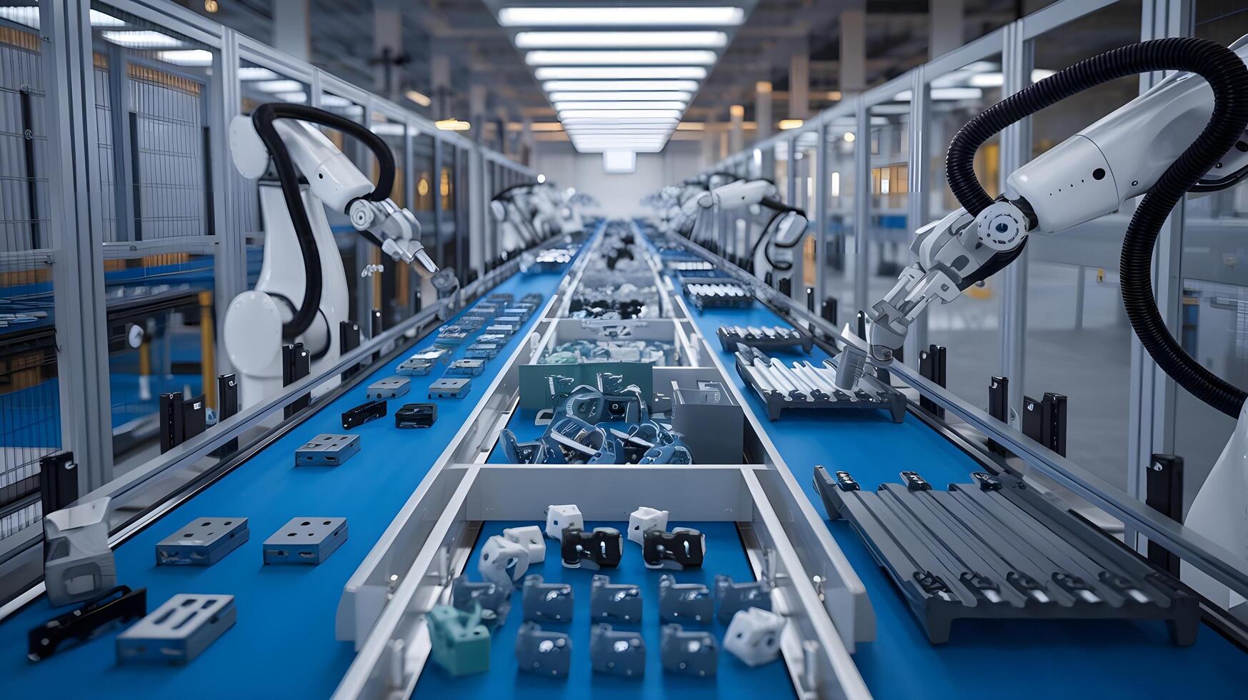 Robots in a factory line with blue conveyor belts photo