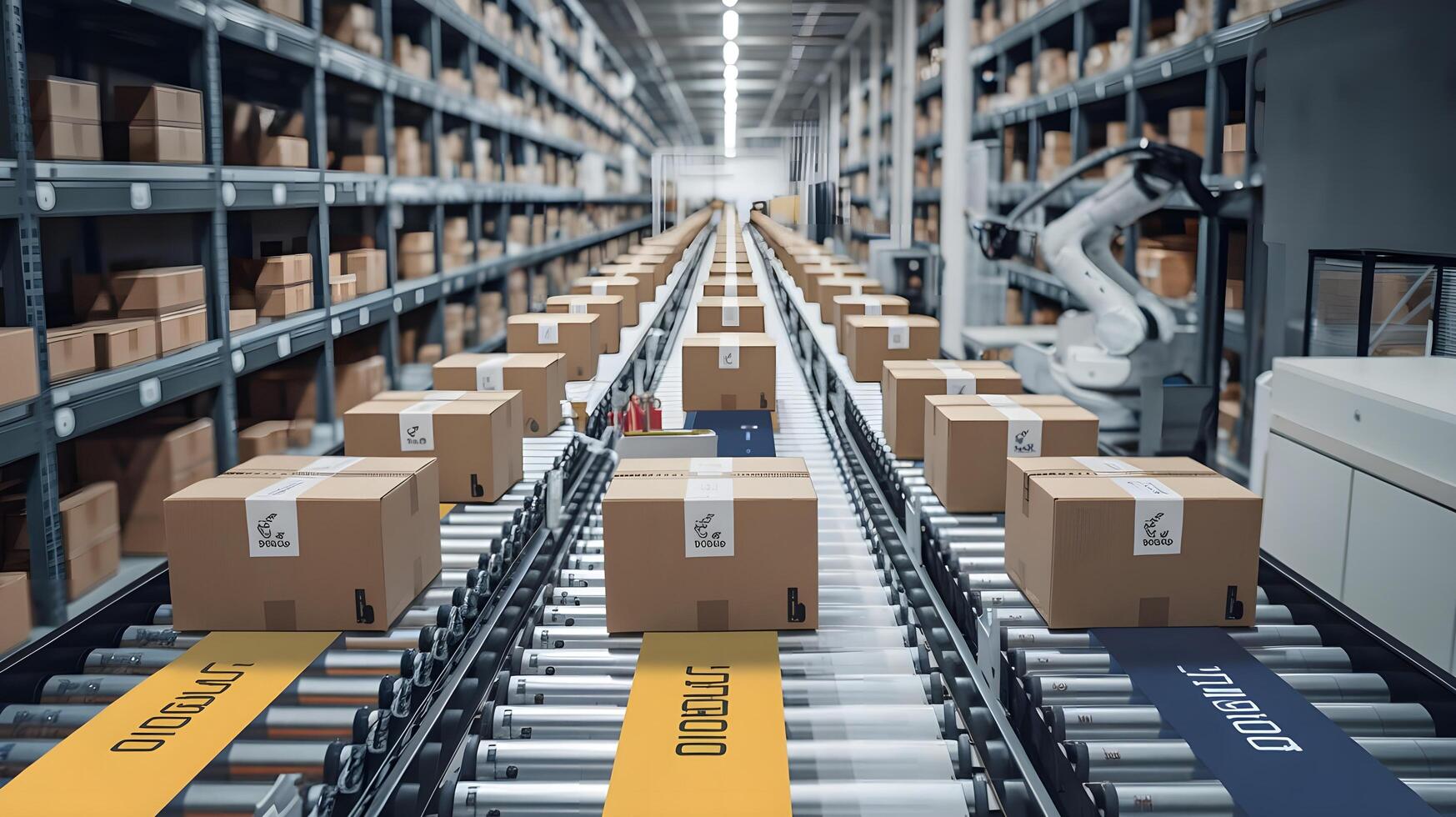 A warehouse with boxes on conveyor belts photo