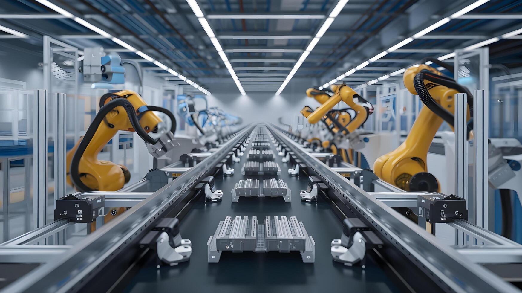 Robots in a factory line with blue lights photo