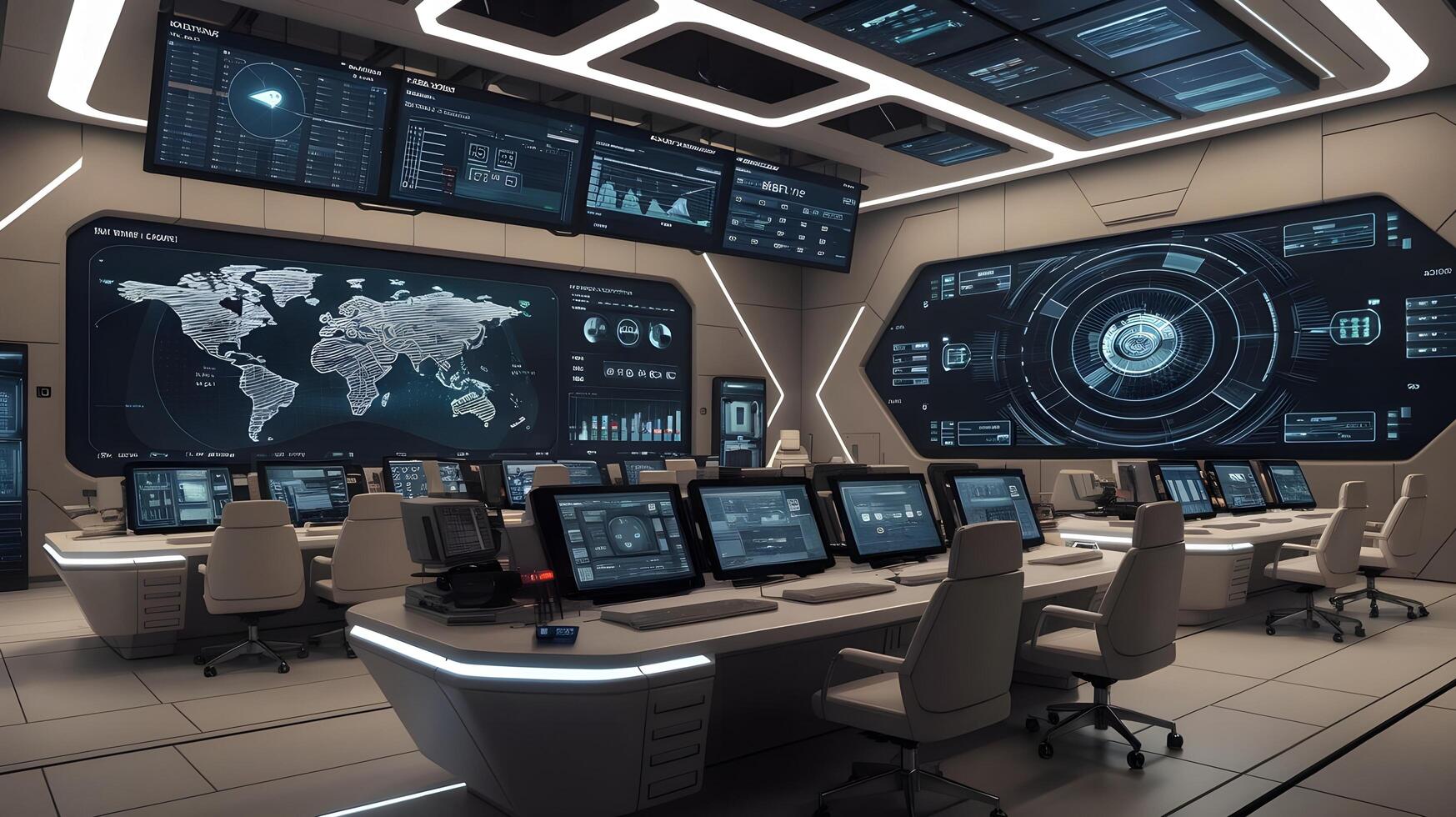 A futuristic room with computers and monitors photo