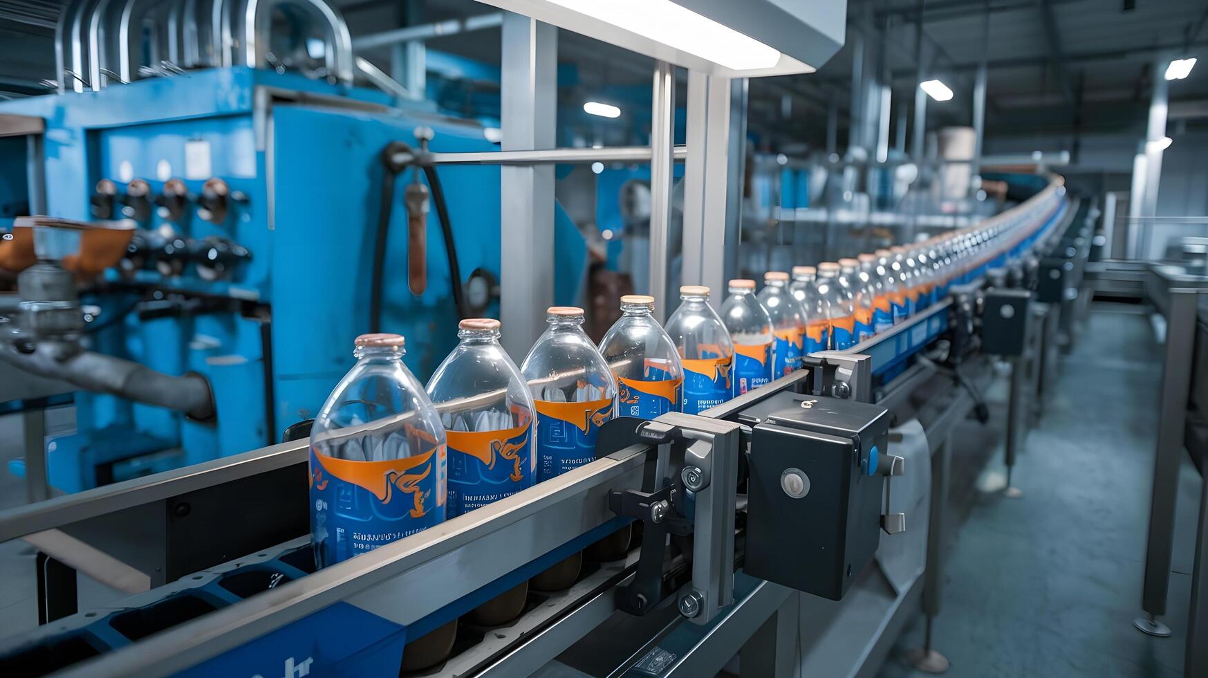 Bottles on conveyor belt in factory photo