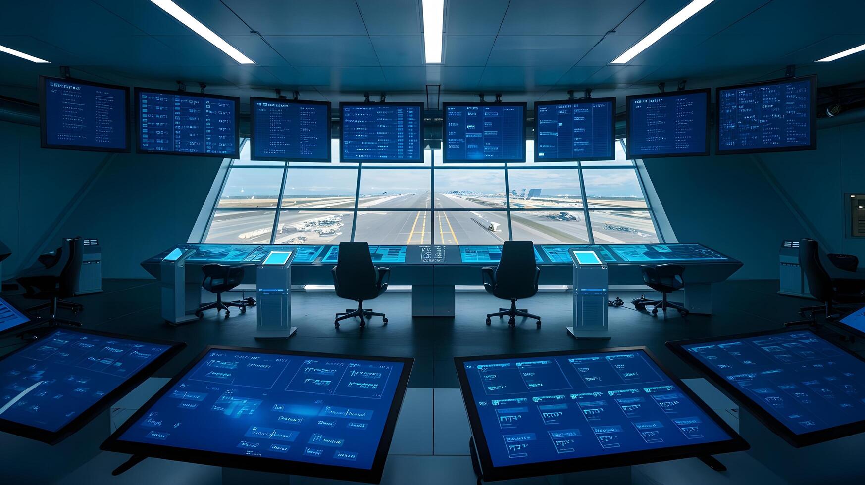 An airport control room with multiple screens photo
