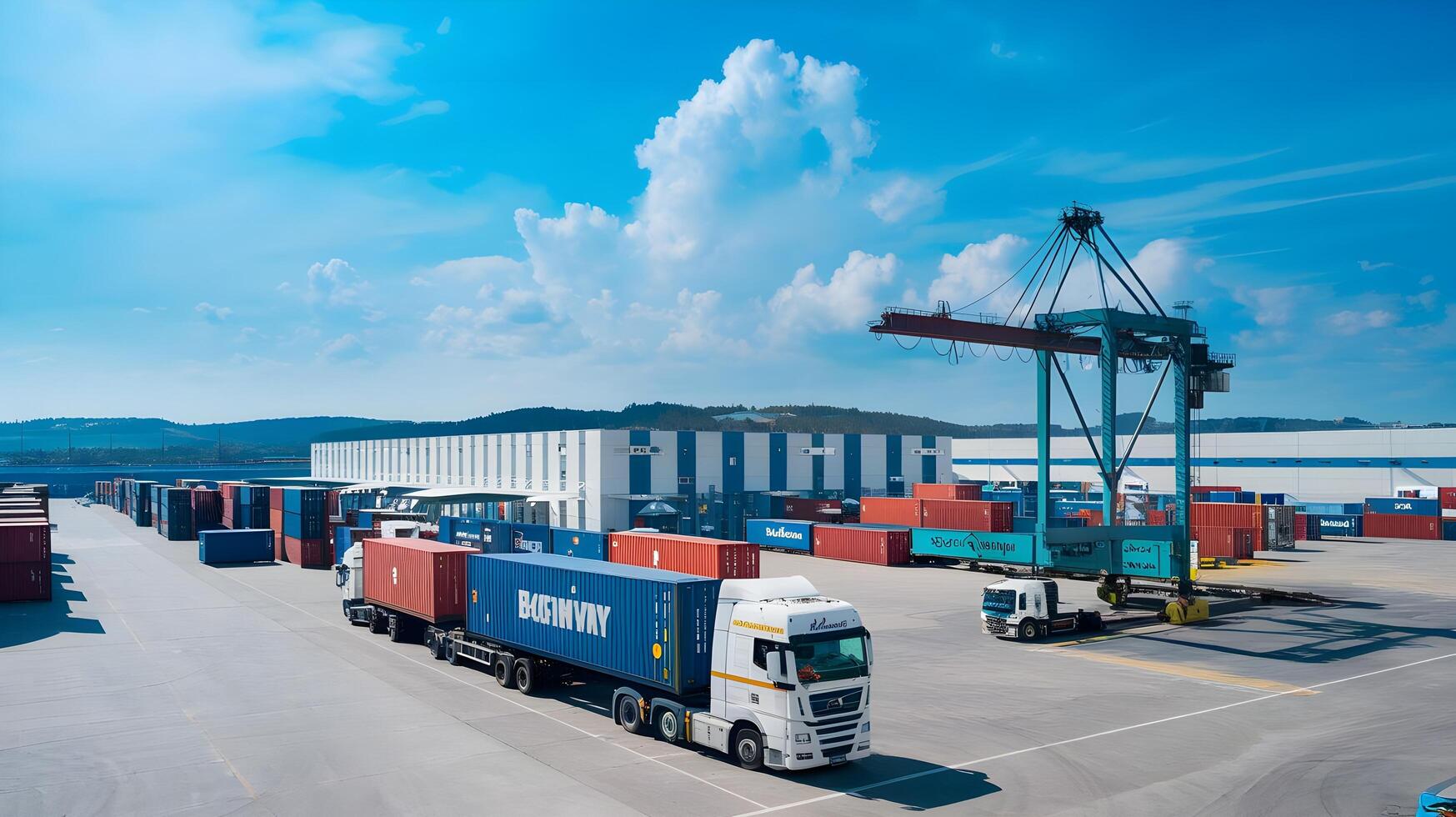 A large container yard with trucks and containers photo