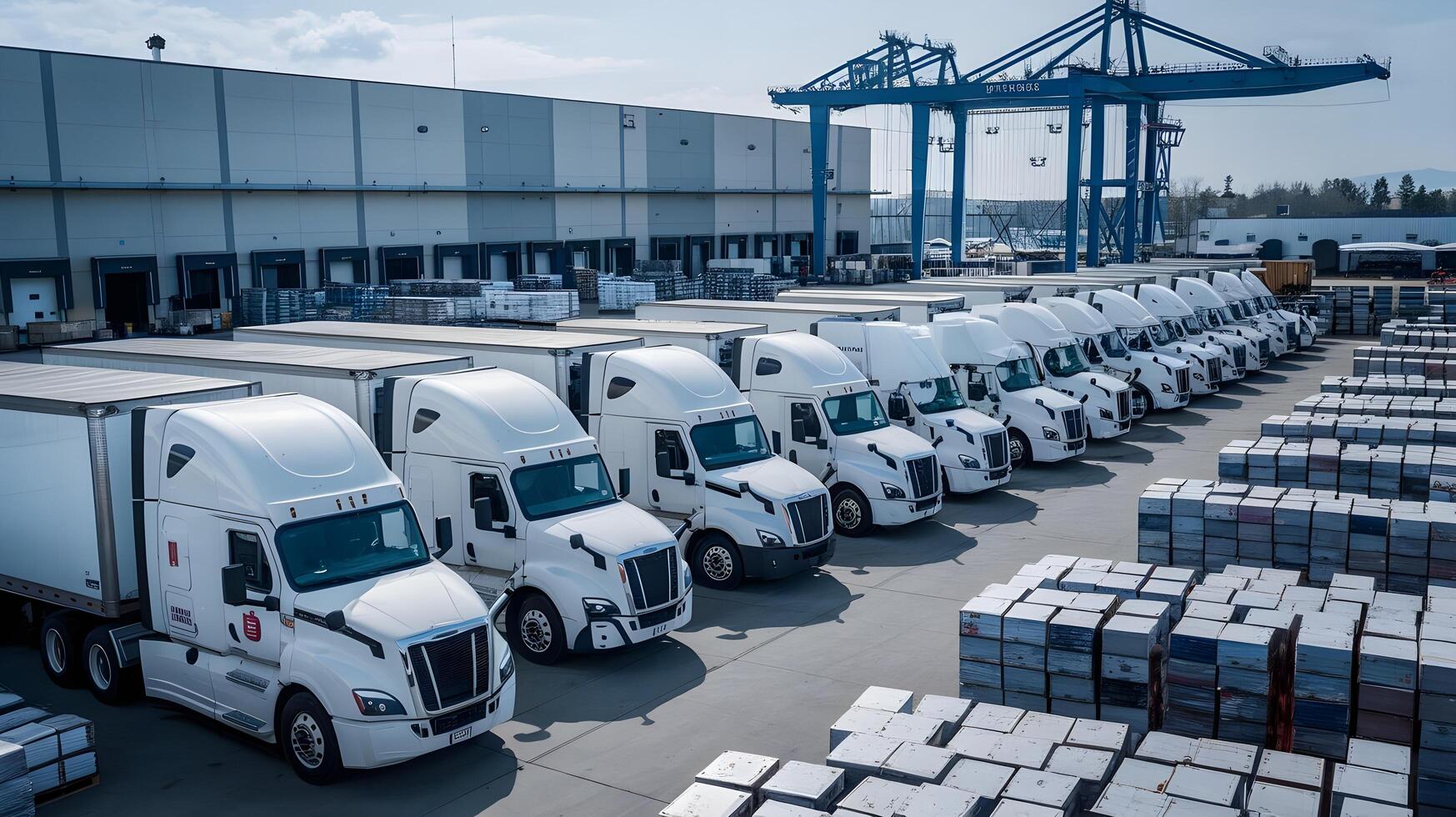 A group of white trucks parked in a warehouse photo