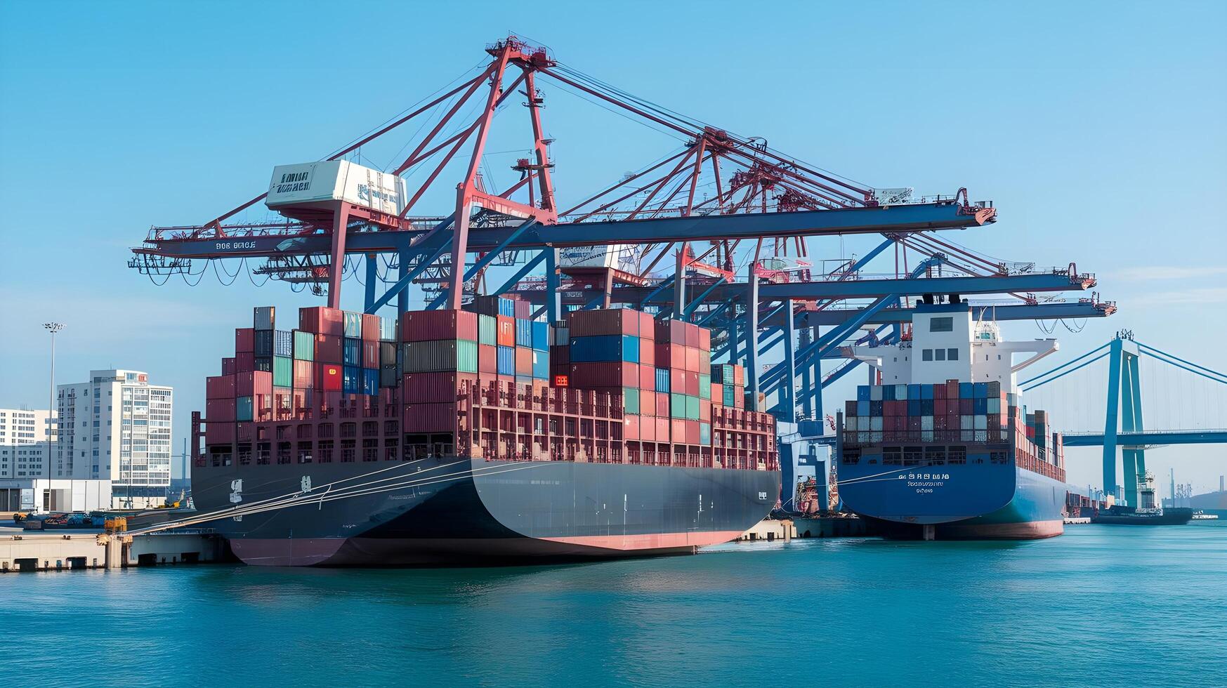 Two large cargo ships docked at a port photo