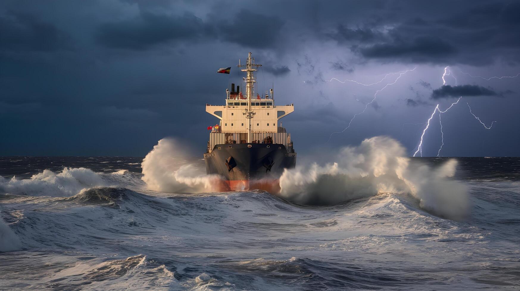 A large ship in the ocean with a lightning bolt photo