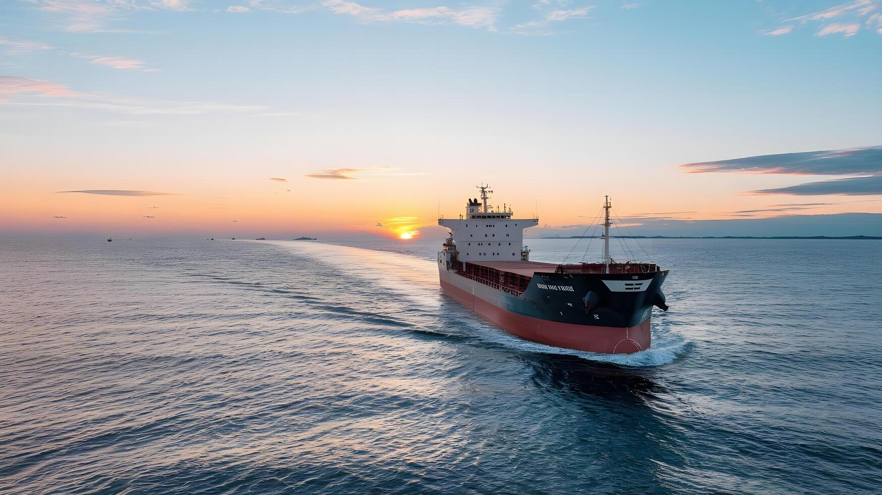 A large cargo ship traveling through the ocean at sunset photo