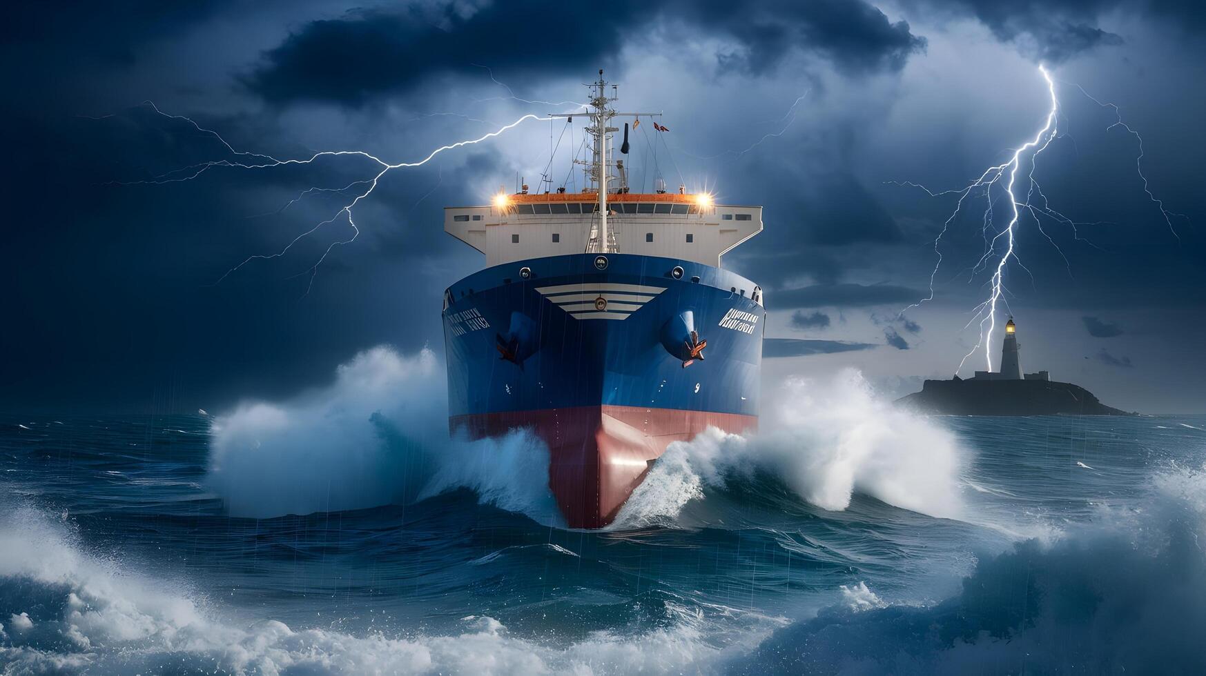 A large ship in the ocean with lightning photo