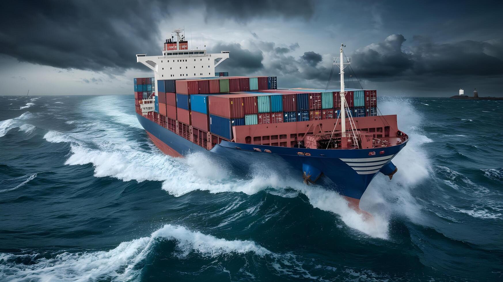 A large container ship in the ocean with storm clouds photo