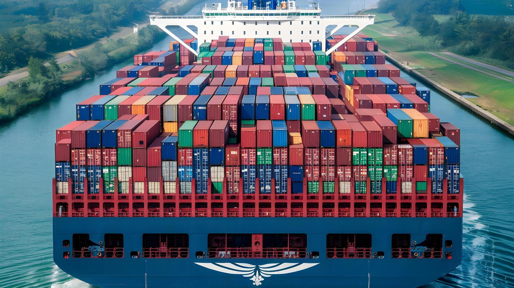 A large container ship traveling down a river photo