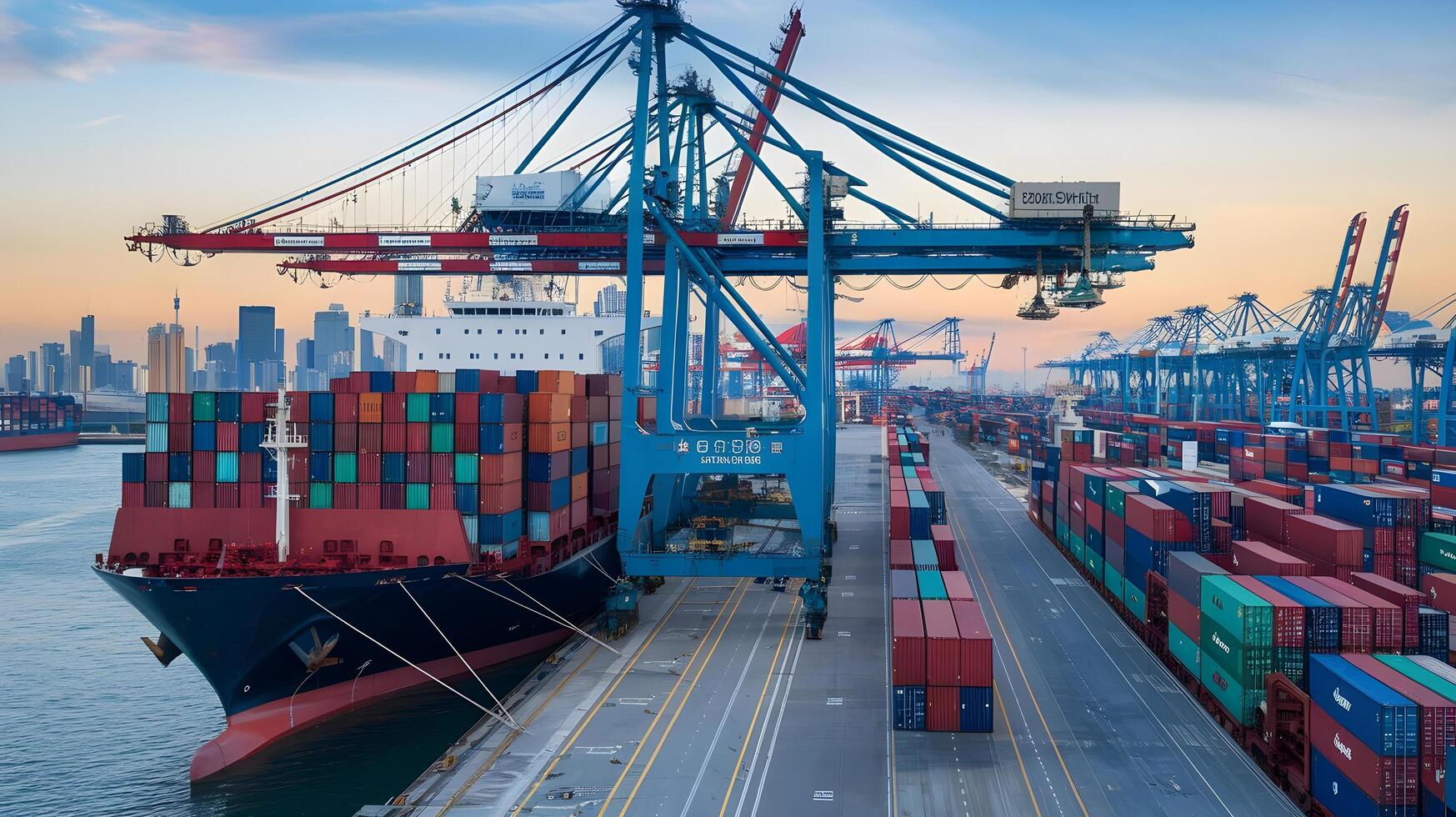 A large container ship is docked at a port photo