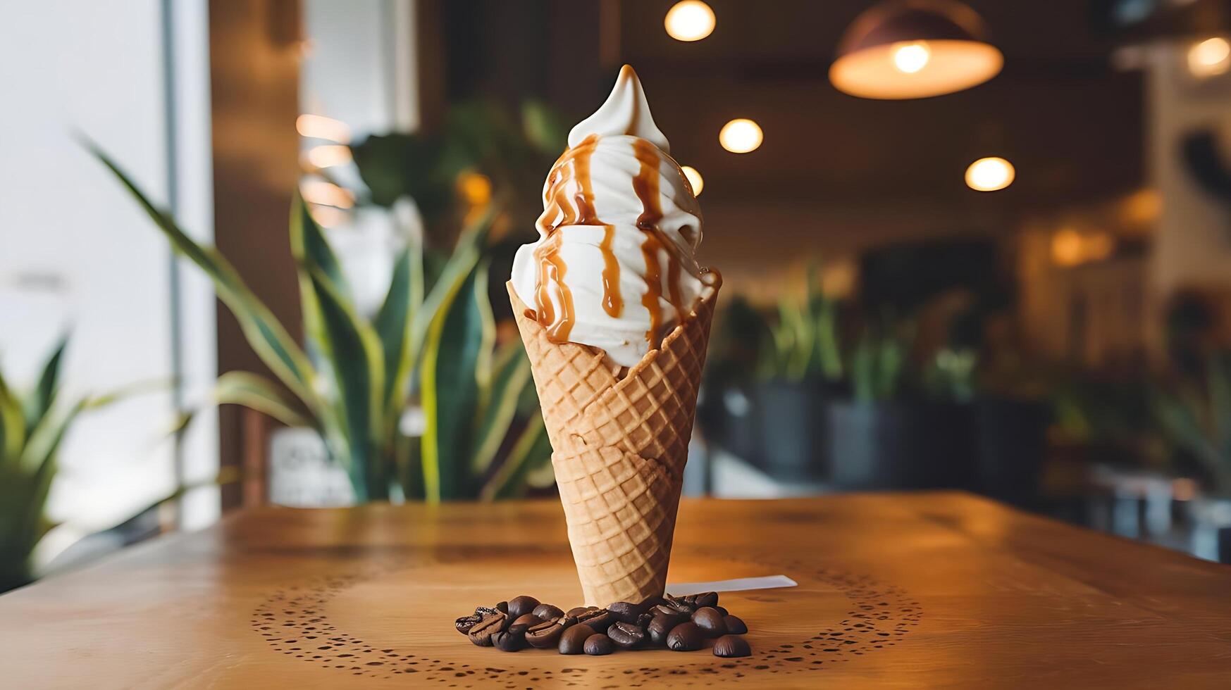 An ice cream cone with whipped cream and coffee beans photo