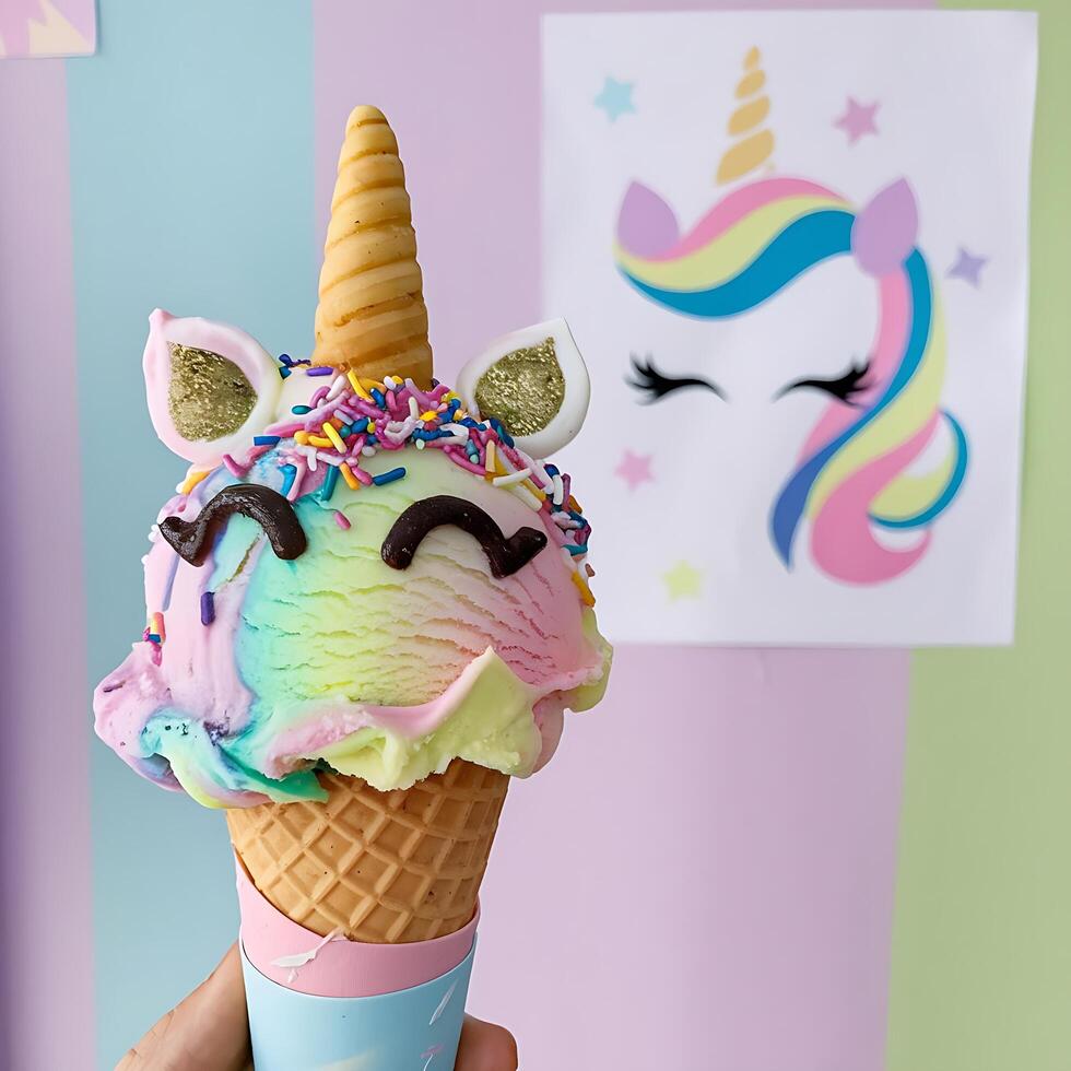 A unicorn ice cream cone with rainbow sprinkles photo