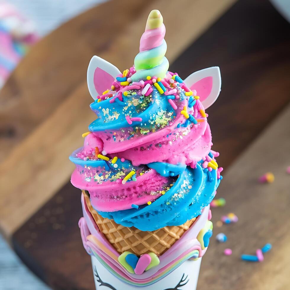 A colorful unicorn ice cream cone with sprinkles photo