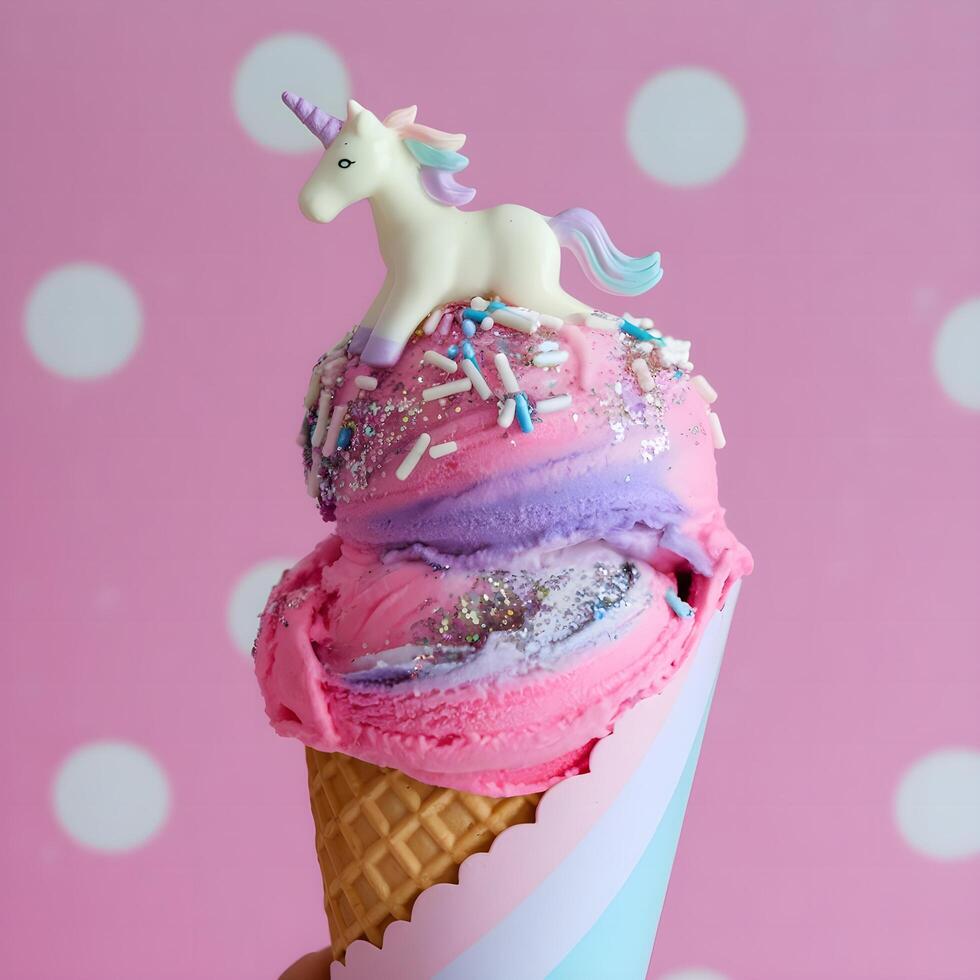 A pink ice cream cone with a unicorn on top photo
