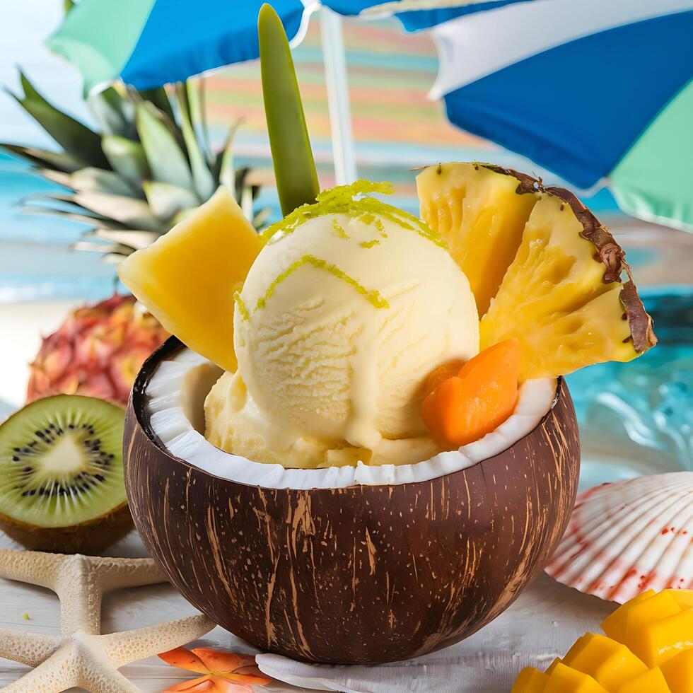 A coconut bowl with ice cream, fruit, and a straw photo