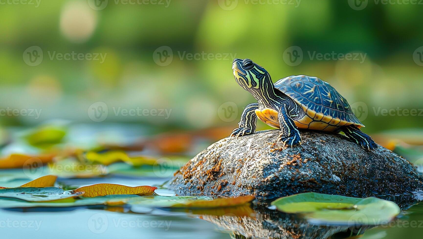 A turtle is sitting on a rock in a pond. The turtle is small and has a green and brown shell. The pond is surrounded by lush green plants and the water is calm. The scene is peaceful and serene photo