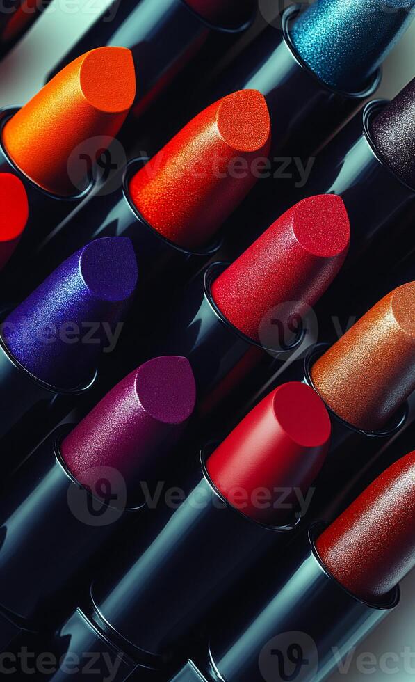 A row of colorful lipsticks with glitter on them. The lipsticks are arranged in a row, with some being more vibrant than others. Scene is playful and fun photo