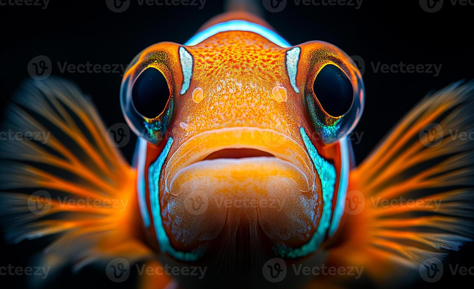 A close up of a fish with orange and blue stripes on its face. The fish has a sad expression on its face photo