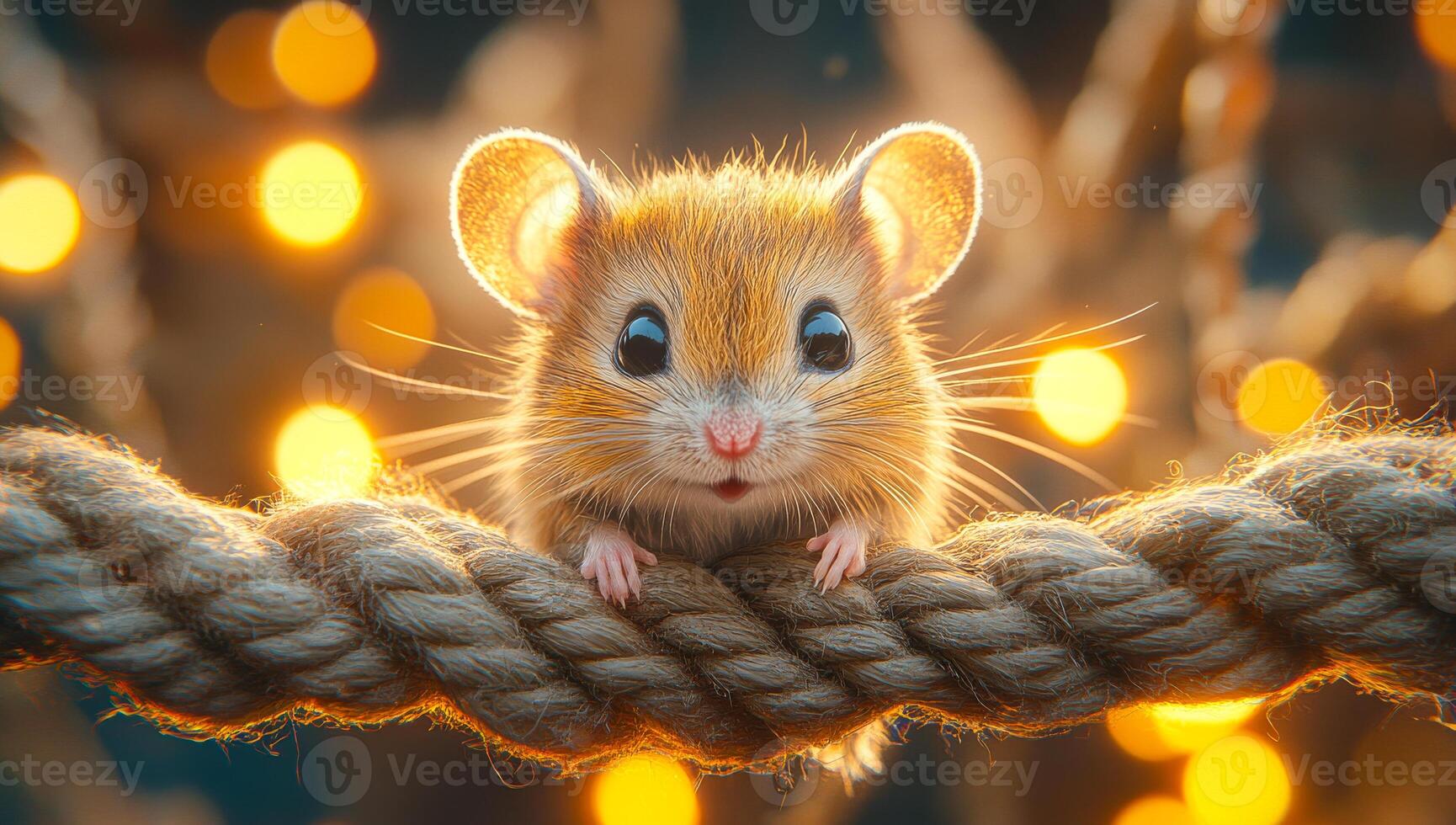A cute little mouse is sitting on a rope. The mouse is looking up at the camera with a smile on its face. The image has a warm and playful mood, making it a fun and lighthearted scene photo
