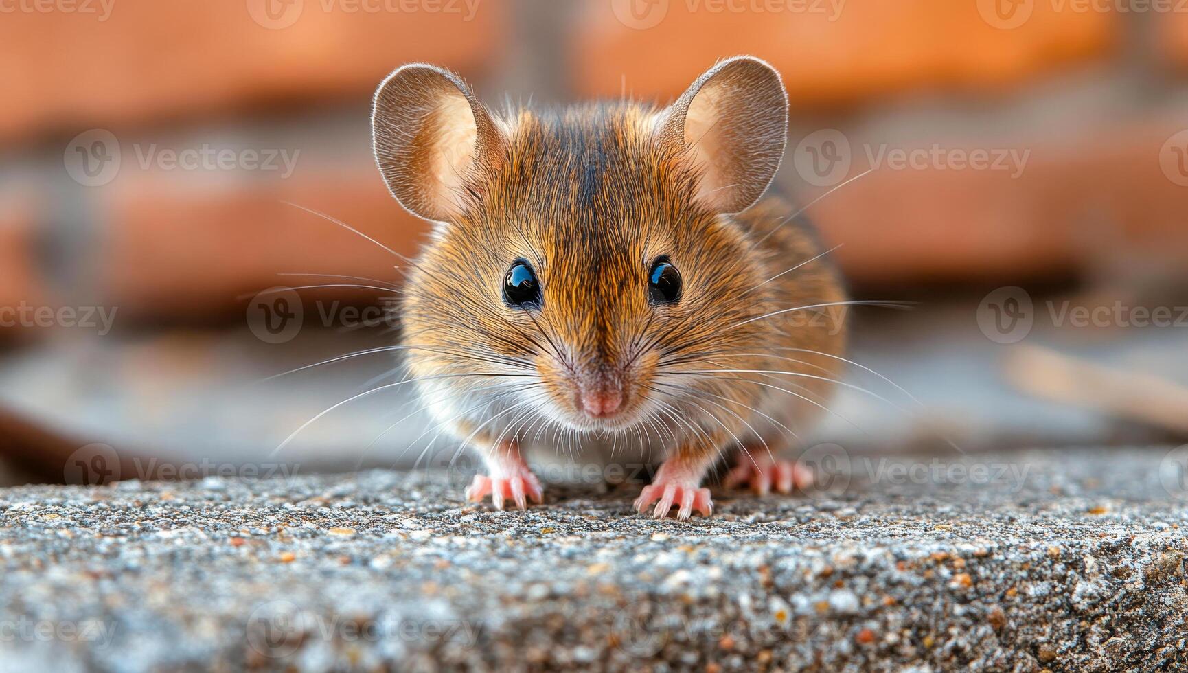 A small brown mouse with black eyes is standing on a stone surface. The mouse is looking directly at the camera, which makes it appear curious and alert photo