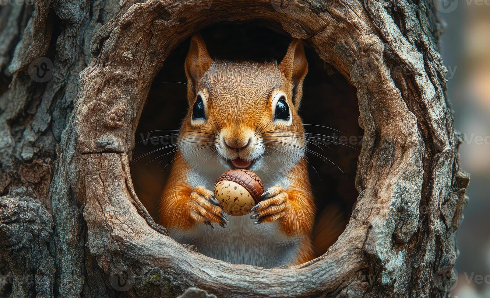 A squirrel is eating an acorn in a hollowed out tree trunk. The scene is peaceful and natural, with the squirrel enjoying its snack in a quiet, secluded spot photo