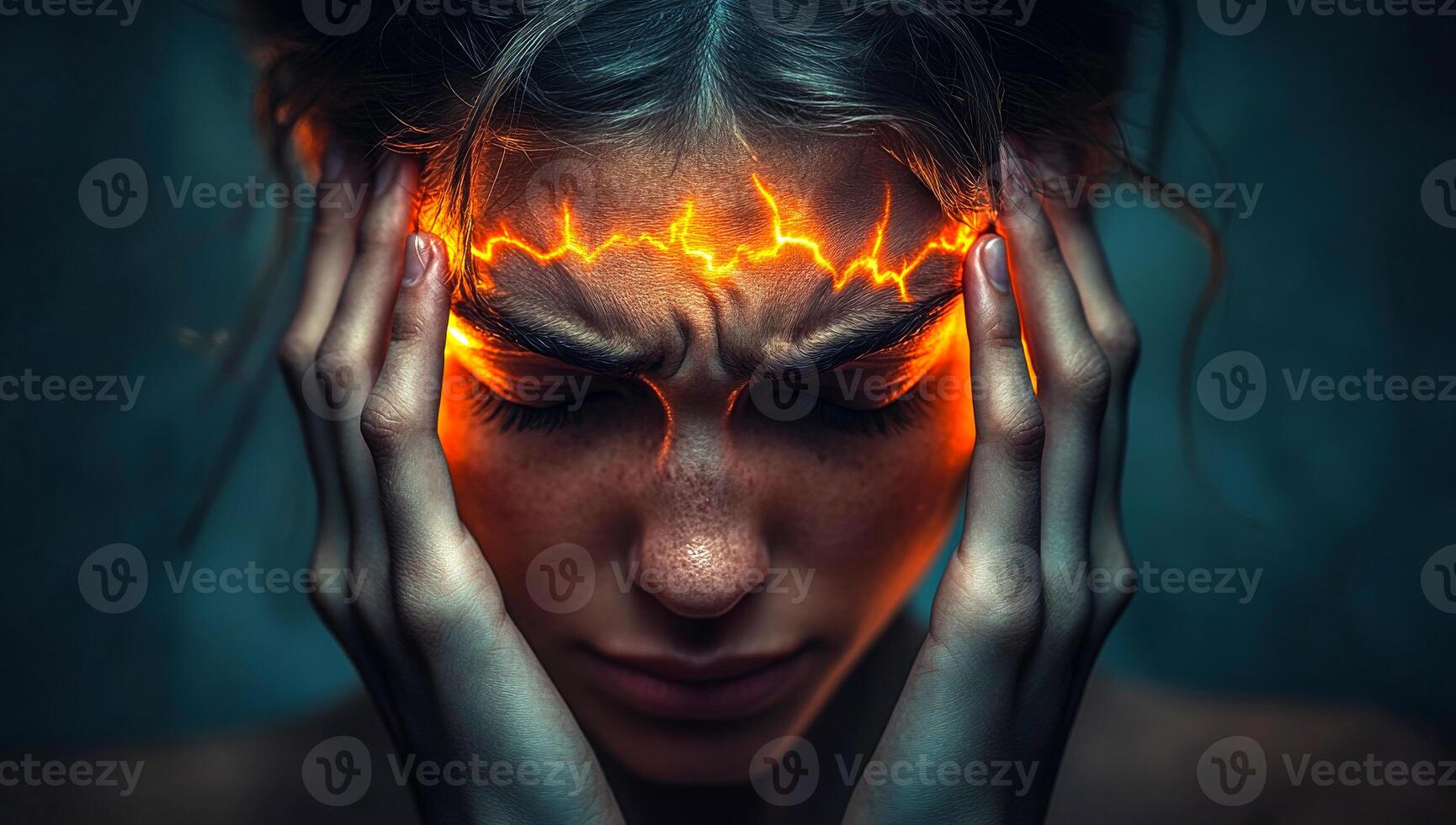 A woman's face is covered in sparks and she is holding her head. Concept of chaos and confusion, as if the woman is experiencing a mental breakdown photo