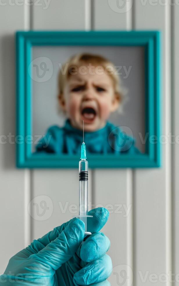 A person holding a syringe in front of a child's picture. The child's expression is one of fear and anger. Concept of discomfort and unease, as the child is being injected with a needle photo