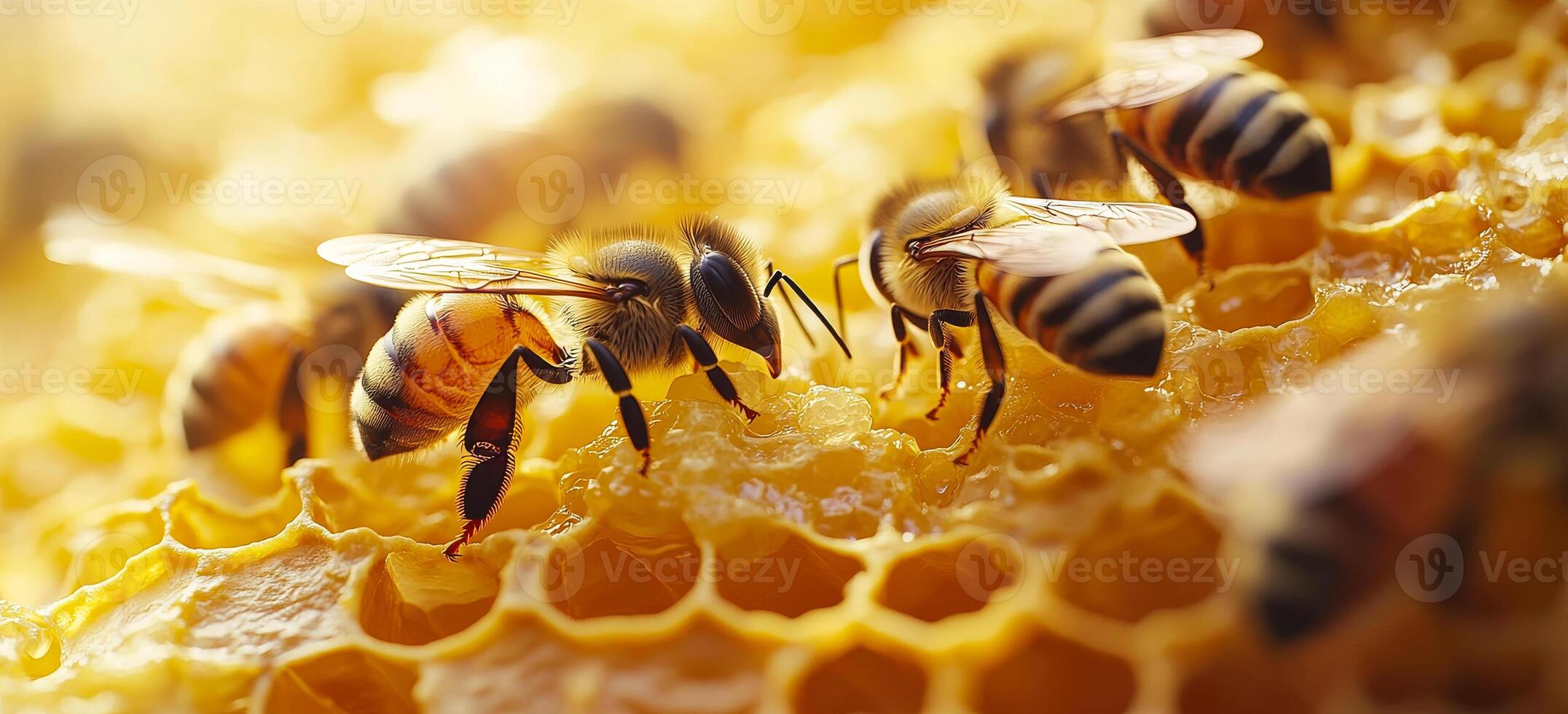 A group of bees are gathered around a honeycomb. The bees are busy collecting nectar and pollen from the flowers photo