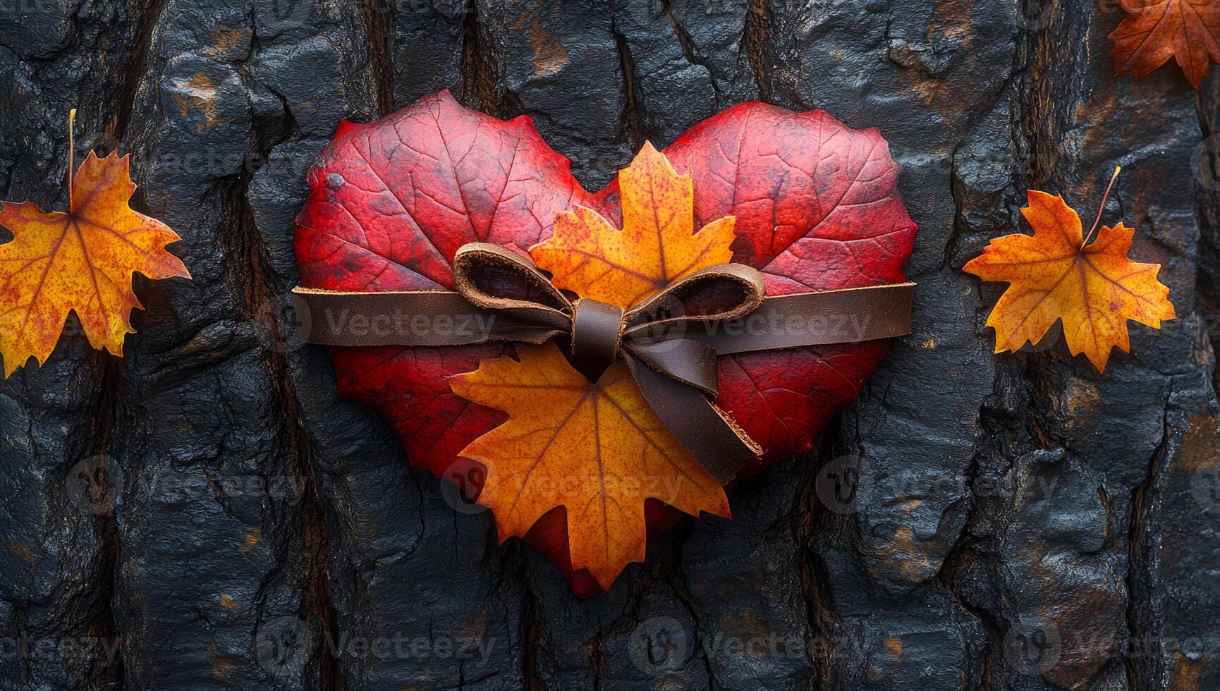 A heart made of leaves is on a rock. The leaves are orange and brown. The heart is surrounded by leaves and has a bow tied around it photo