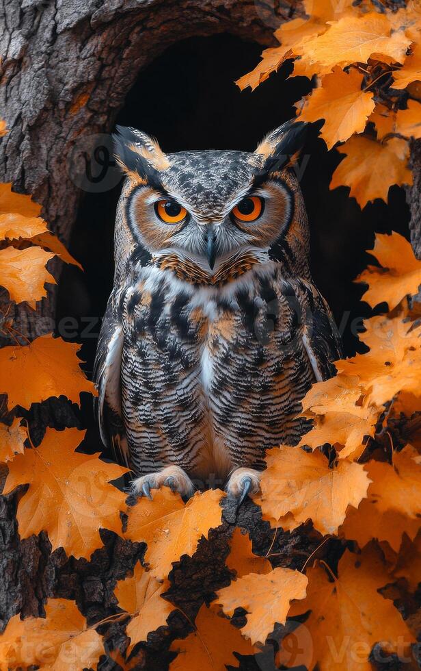 A large owl is sitting in a tree with orange leaves. The owl is looking at the camera, and the leaves around it are orange and yellow. The image has a warm and cozy feeling photo