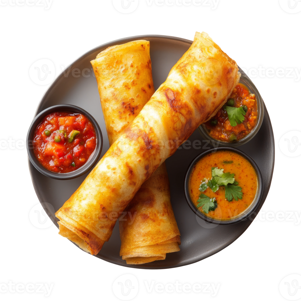 Delicious Indian Cuisine with Sauces and Pancakes png