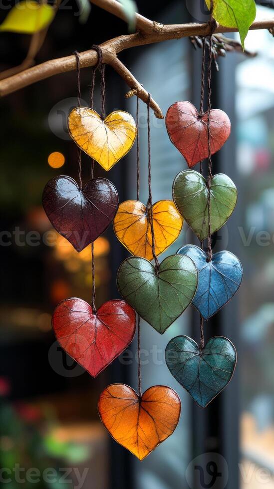 A colorful collection of leaf-shaped heart decorations hanging from a branch. The hearts are of various colors and sizes, creating a vibrant and cheerful display photo