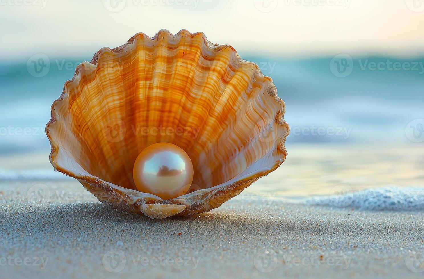 A pearl is sitting inside a shell on a beach. The shell is open and the pearl is shining brightly. The scene is peaceful and serene, with the ocean in the background photo