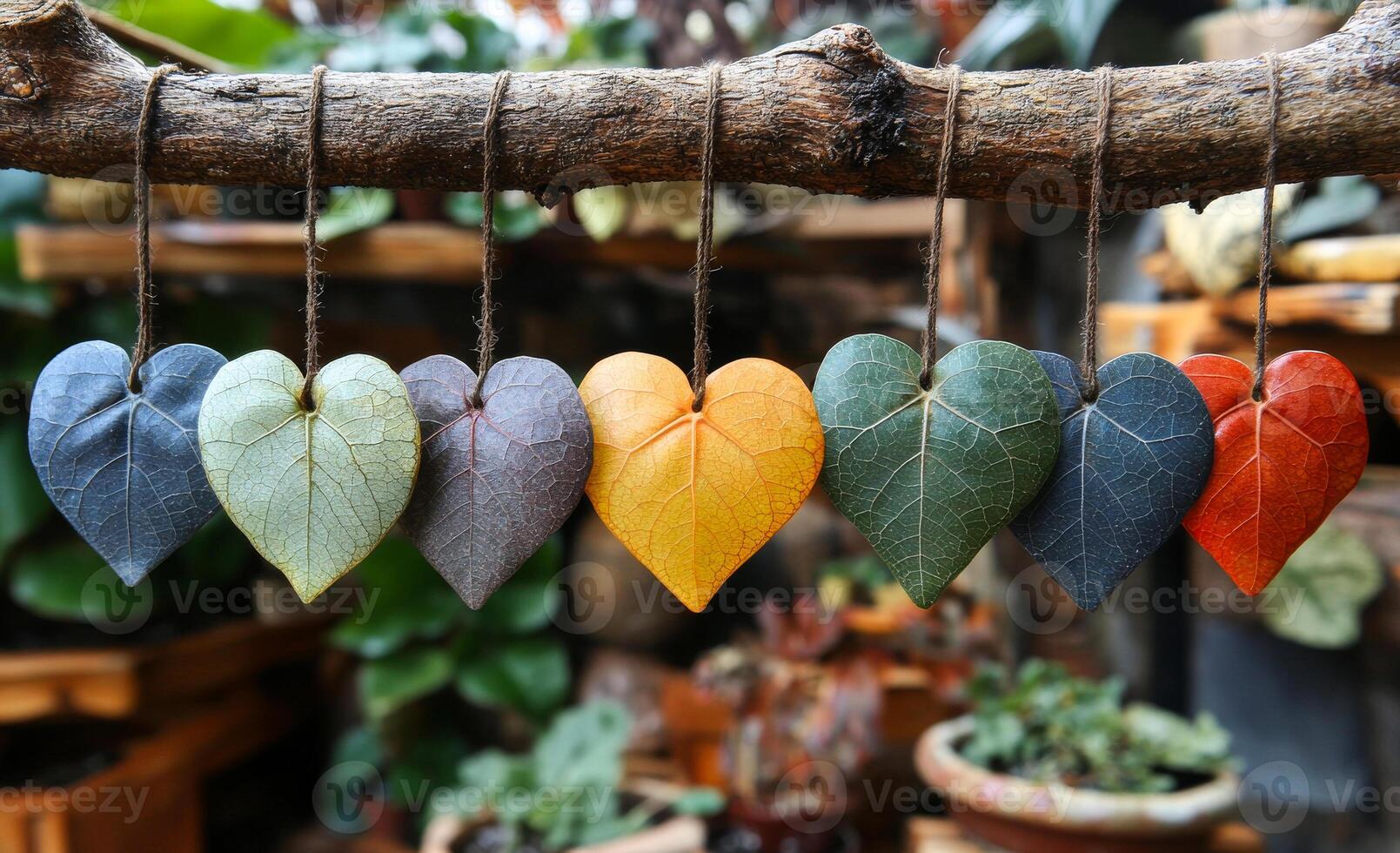 A row of colorful leaves hanging from a branch, each one shaped like a heart. The leaves are of different colors, creating a rainbow effect. Concept of joy and happiness photo