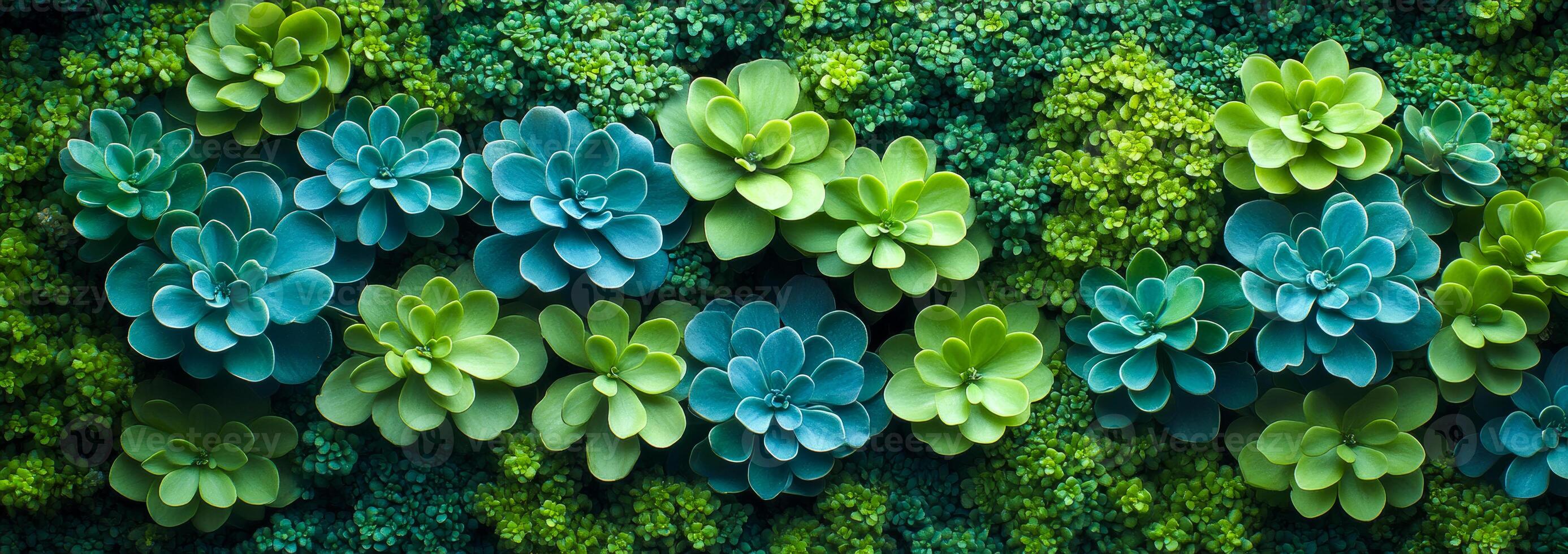 A green and blue plant with many small plants in between. The plants are in a row photo