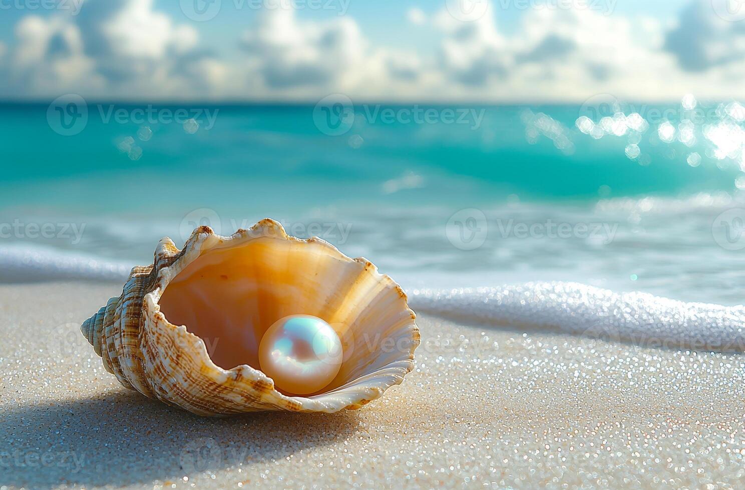 A pearl is sitting in the center of a seashell on a sandy beach. The scene is serene and peaceful, with the ocean in the background and the shell and pearl as the main focus photo