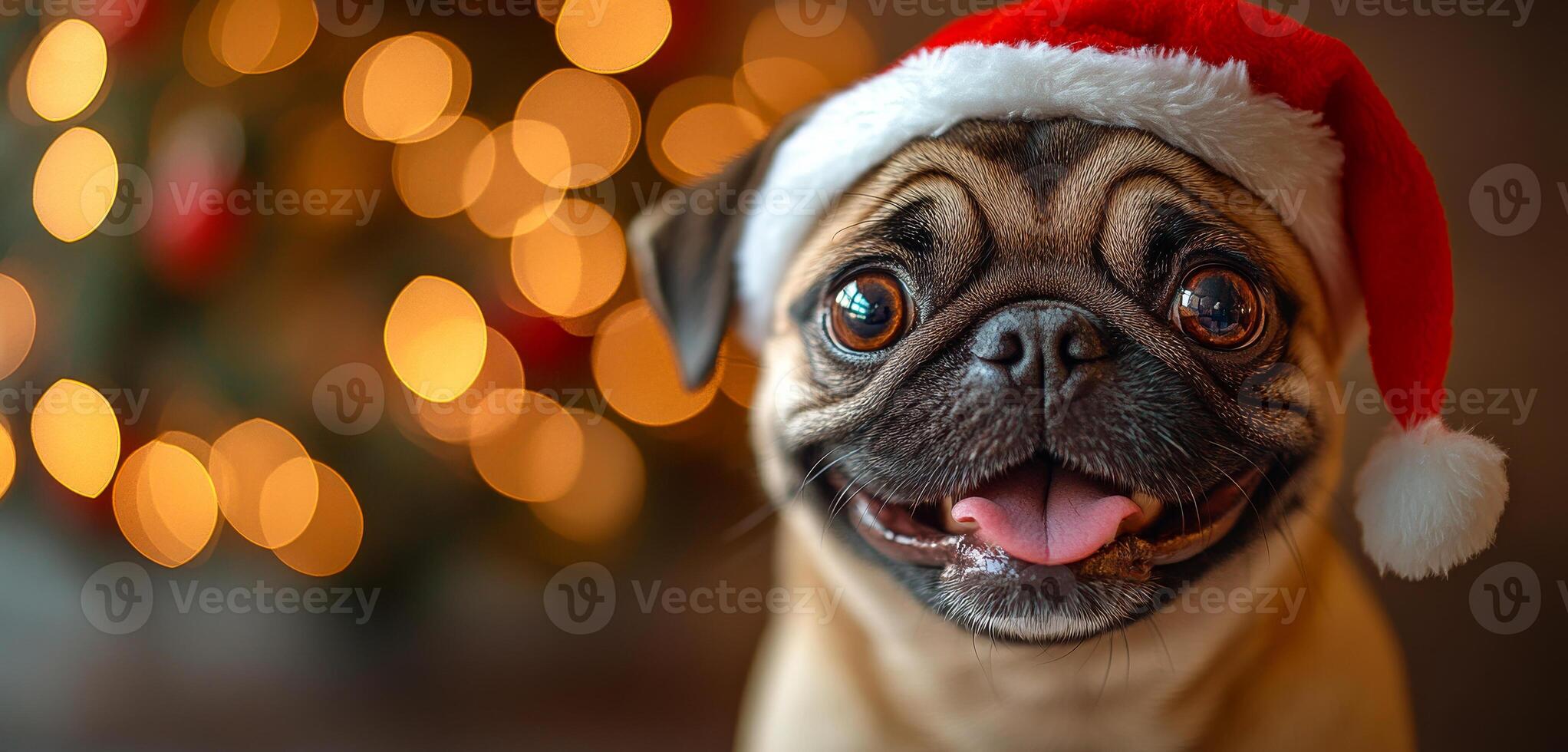 A small dog wearing a Santa hat is smiling and looking at the camera. The image has a festive and joyful mood, as it captures a cute and playful moment between the dog and the camera photo