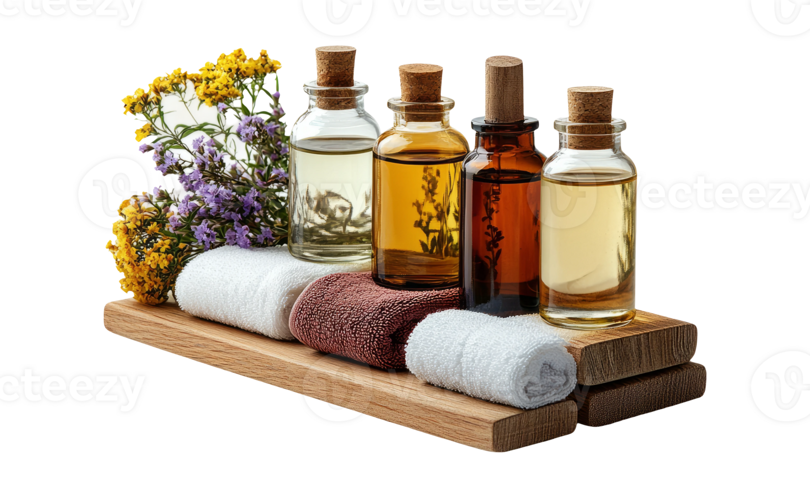 Aromatherapy Oils and Towels on Wooden Stand png