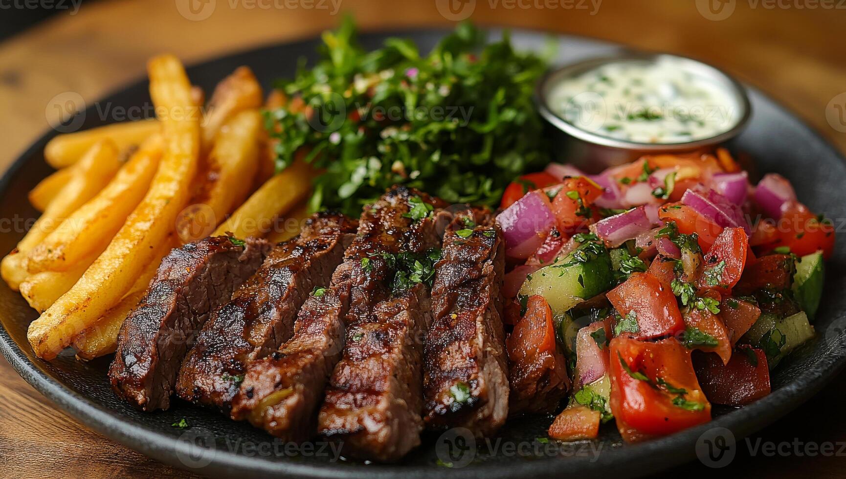 A plate of food with a steak, salad, and potatoes. The plate is black and the food is colorful photo