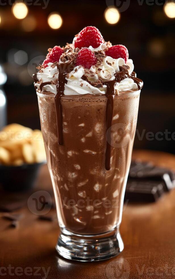 A chocolate drink with whipped cream and raspberries on top. The drink is in a glass and is sitting on a wooden table photo
