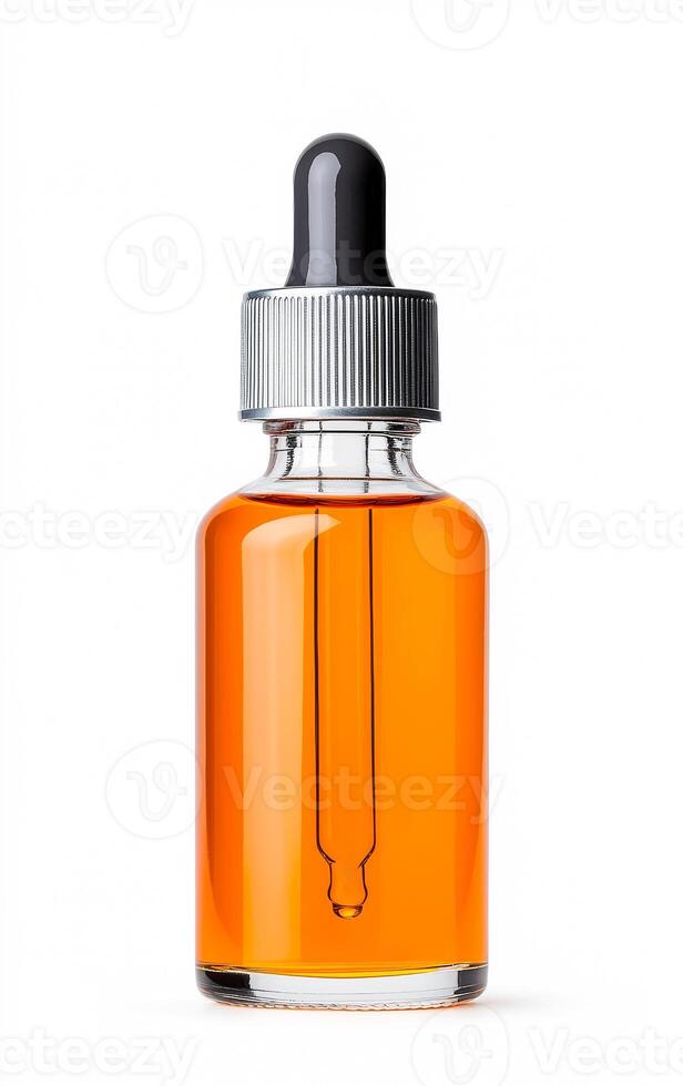 A bottle of liquid with a silver cap and a silver stem. The bottle is filled with a clear liquid photo