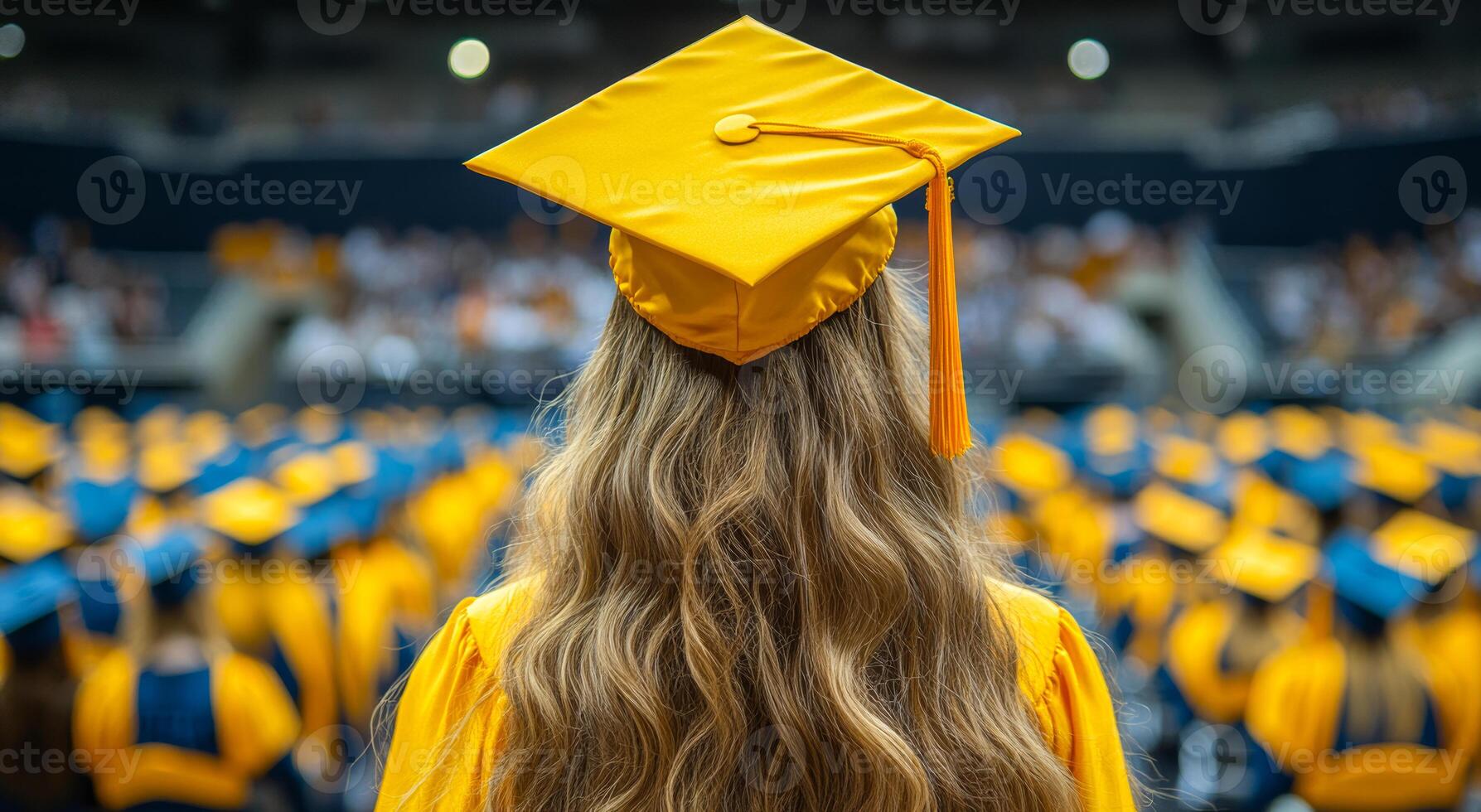 A woman wearing a yellow cap and gown stands in front of a crowd of graduates. Concept of accomplishment and pride as the woman prepares to receive her diploma. The audience photo