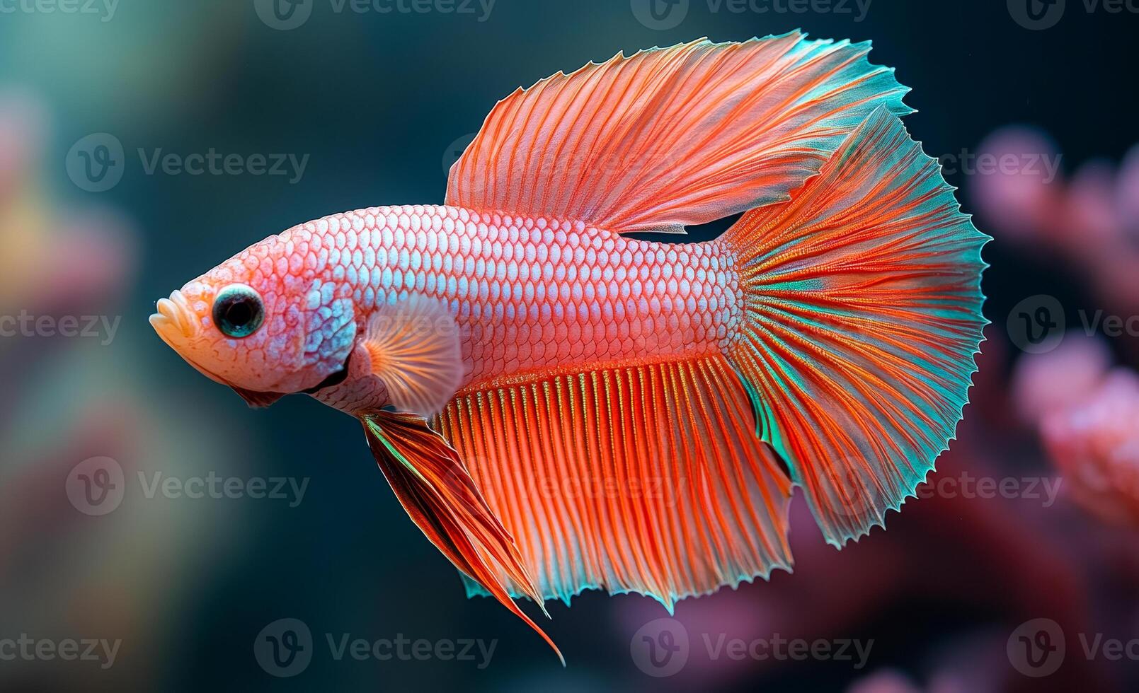 A fish with a red and green tail is swimming in a tank. The fish is surrounded by a pink coral photo