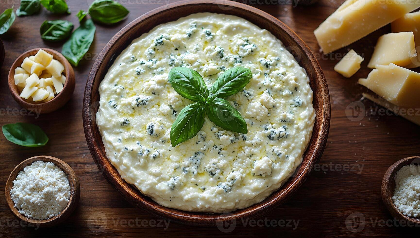 A bowl of white food with green leaves on top. The bowl is on a wooden table with other bowls and a block of cheese photo