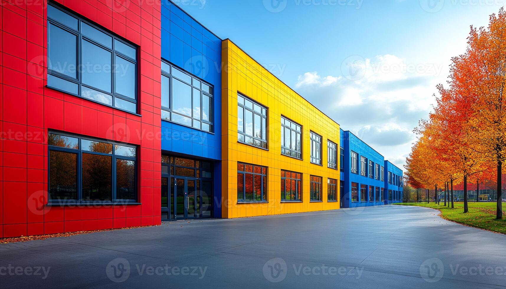 A row of colorful buildings with a green tree in the background. The buildings are bright and cheerful, and the tree adds a touch of nature to the scene photo