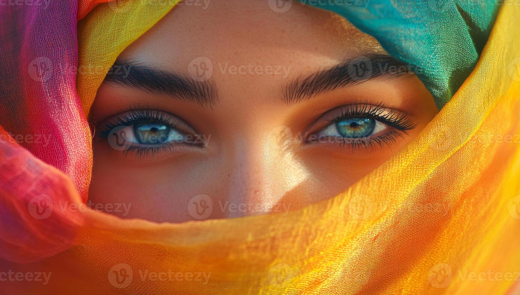 A woman with blue eyes is wearing a colorful scarf. The scarf is yellow, orange, and green photo