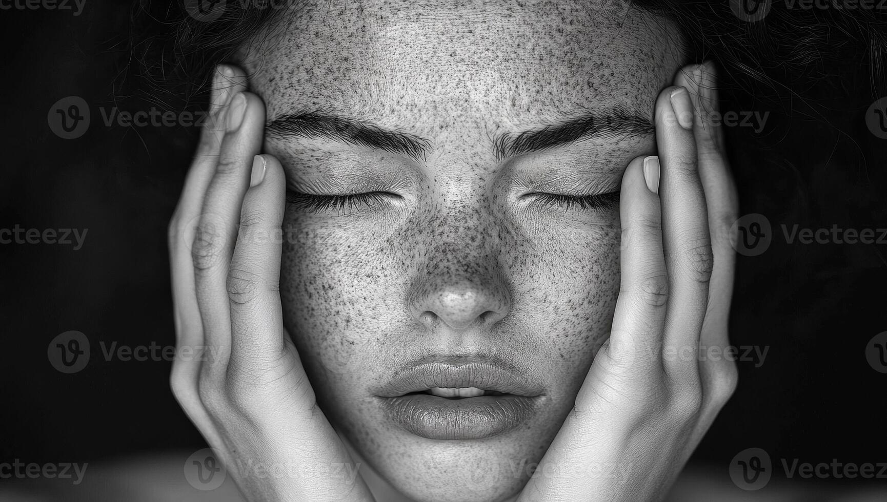 Young woman holding her face expressing emotion. A young woman with freckles closes her eyes and holds her face, conveying deep emotion and introspection. photo